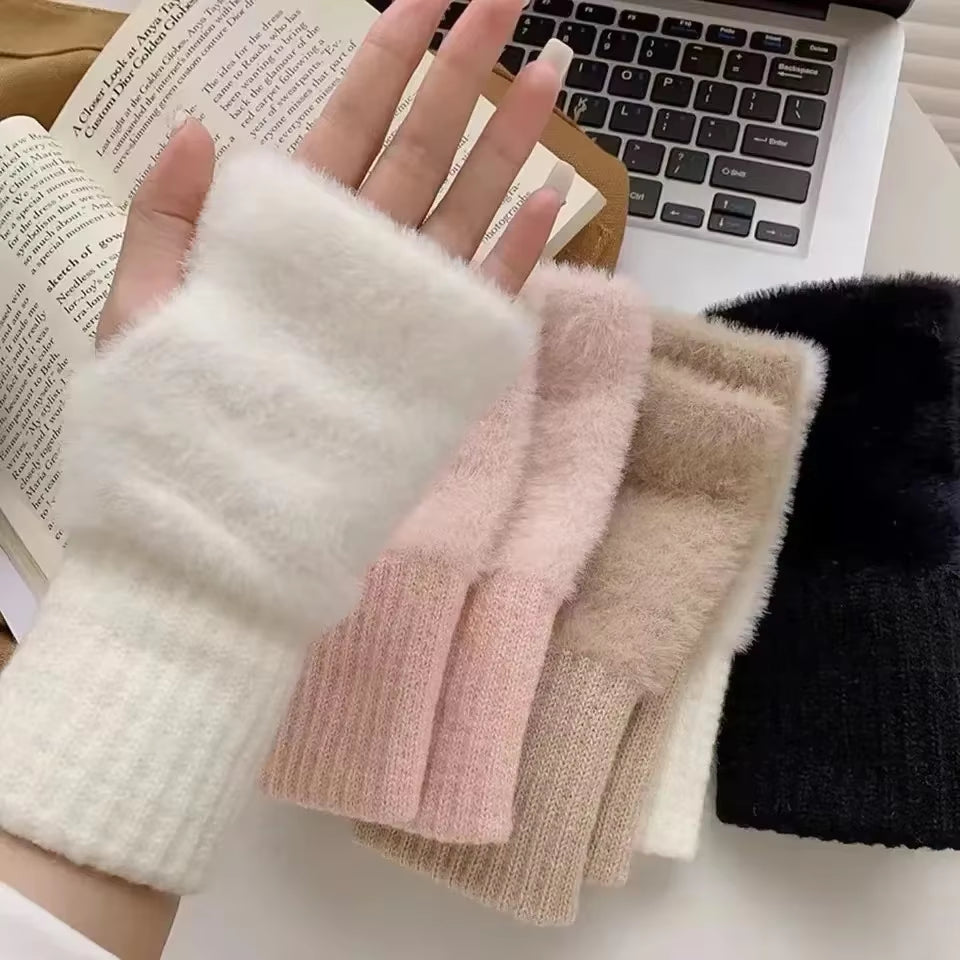 New Mink Fleece Half Finger Gloves for Women'S Soft Winter Warmth Luxury Solid Color Plush Knitted Fingerless Gloves