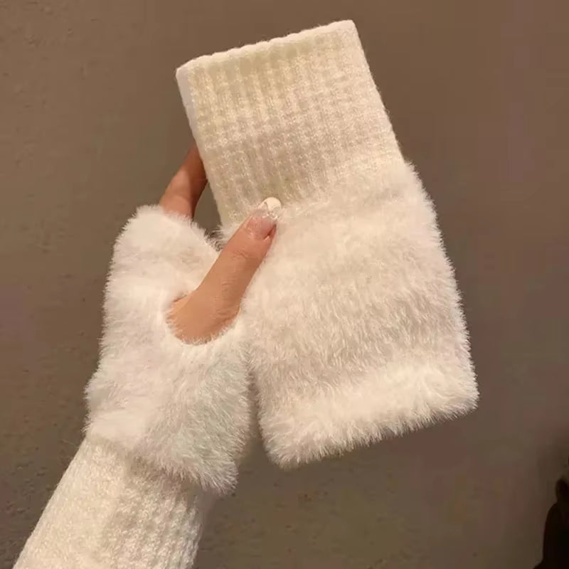 New Mink Fleece Half Finger Gloves for Women'S Soft Winter Warmth Luxury Solid Color Plush Knitted Fingerless Gloves